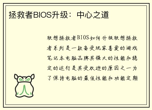拯救者BIOS升级：中心之道